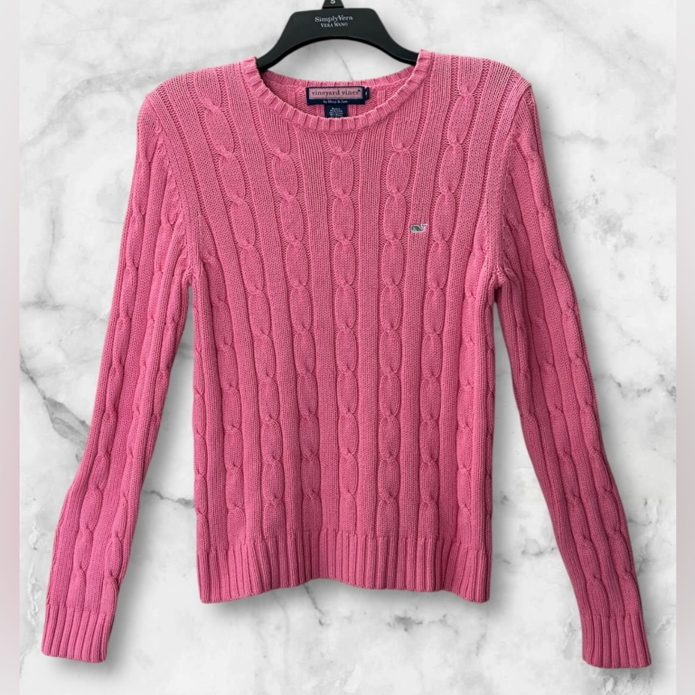 Vineyard Vines Barbie Core Pink Cable Knit Sweater Green Whale Logo Size M - Picture 2 of 8